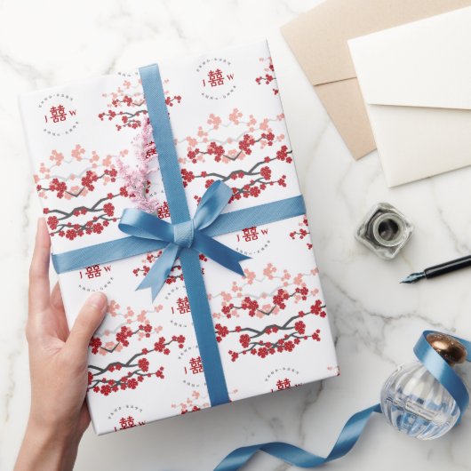 Papier Cadeau Fleurs de cerisier rouge et Mariage chinois double