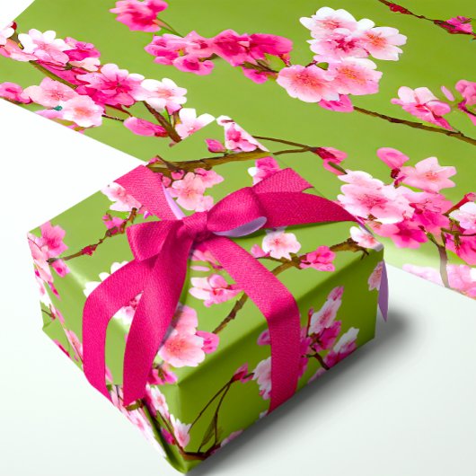 Papier Cadeau Fleurs de cerisiers roses sur Chartreuse Vert
