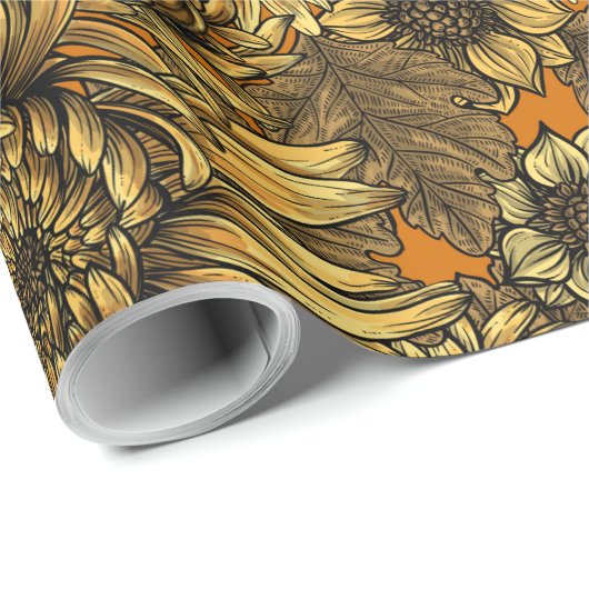 Papier Cadeau Fleurs de chrysanthèmes jaunes et coléoptères oran (Coin rond)