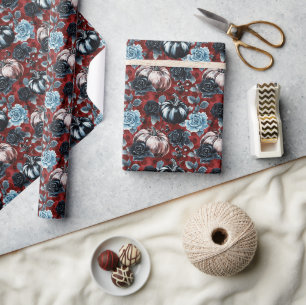 Papier Cadeau Fleurs de citrouilles rouges bleues noires