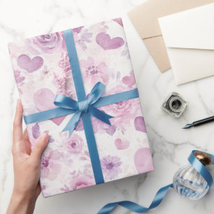 Papier Cadeau Fleurs de coeurs violets roses Anniversaire
