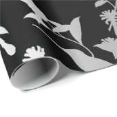 Papier Cadeau Fleurs de colibri gris argenté métallique Noir (Coin rond)