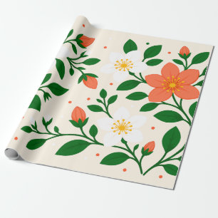 Papier Cadeau Fleurs de corail et blanches élégantes avec feuill