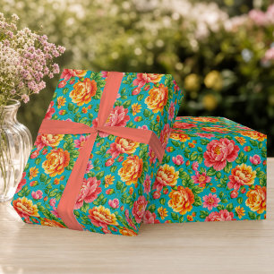 Papier Cadeau Fleurs de couleur vintage turquoise rose
