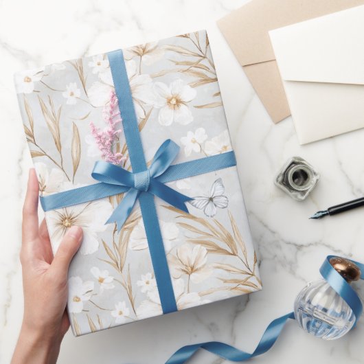 Papier Cadeau Fleurs de crème blanche papillons bleus douche de (Cadeaux)