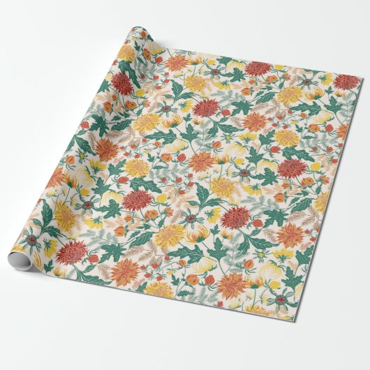 Papier Cadeau Fleurs de dahlia de printemps jaune orange pastel (Déroulé)