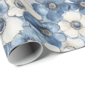 Papier Cadeau Fleurs de Denim Bleu Blanc Anniversaire (Coin rond)