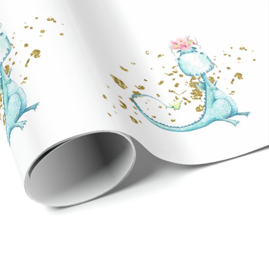 Papier Cadeau *~* Fleurs de dinosaures Bleus doux et doux (Coin rond)