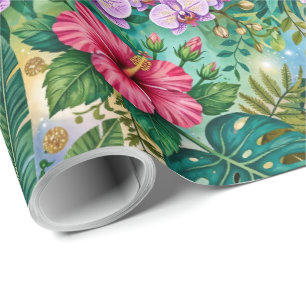 Papier Cadeau Fleurs de Fantaisie Jungle Violet Vert Or Rêveur