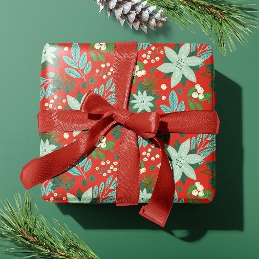 Papier Cadeau Fleurs de fêtes de Noël rouge