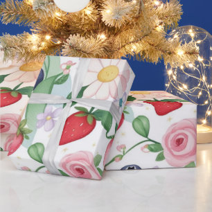 Papier Cadeau Fleurs de fraises roses Fête d'anniversaire pour e