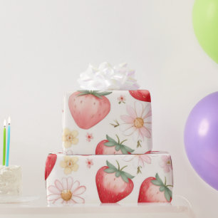 Papier Cadeau Fleurs de fraises rouges Fête d'anniversaire pour