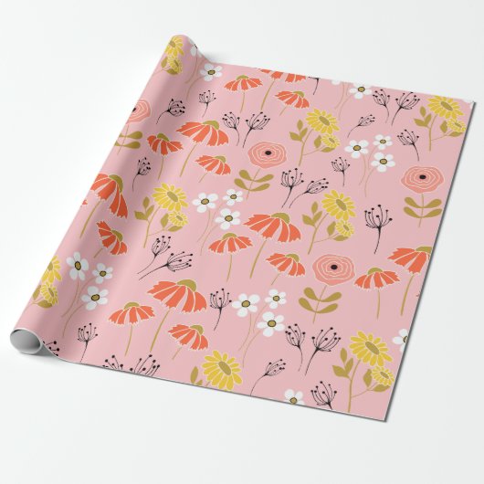 Papier Cadeau Fleurs de gribouillages orange et jaune (Déroulé)