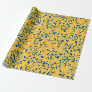 Papier Cadeau Fleurs de gribouillis en bleu et jaune