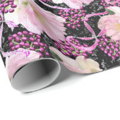 Papier Cadeau Fleurs de Hellebore rose Berries et rubans sur noi (Coin rond)