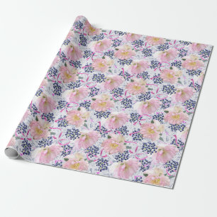 Papier Cadeau Fleurs de Hellebore rose Berries & Rubans sur blan