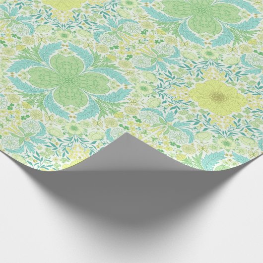 Papier Cadeau Fleurs de jardin rétro en vert et jaune (Coin)