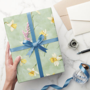 Papier Cadeau Fleurs de jonquilles blanches jaunes vert menthe