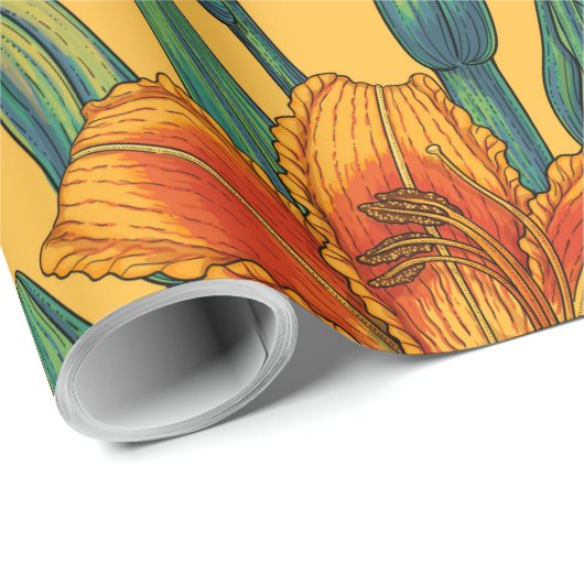 Papier Cadeau Fleurs de jour tawny, bleu et jaune (Coin rond)