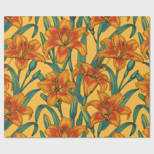 Papier Cadeau Fleurs de jour tawny, bleu et jaune (Plat)