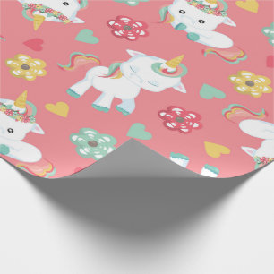 Papier Cadeau Fleurs de Licorne Bébé Rose Cœurs Motif Anniversai