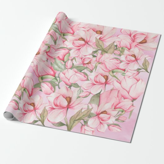 Papier Cadeau Fleurs de Magnolia de printemps rose (Déroulé)
