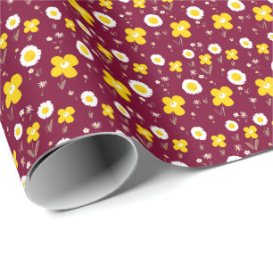Papier Cadeau Fleurs de marguerite jaunes blanches bordeaux