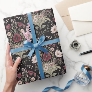 Papier Cadeau Fleurs de mariage en noir et burgundy rose