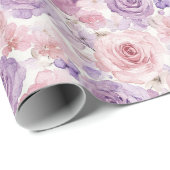 Papier Cadeau Fleurs de mariage rose violet cœurs (Coin rond)