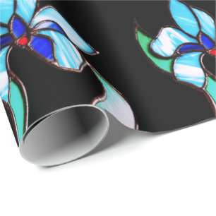 Papier Cadeau Fleurs de néon bleu vert sur noir