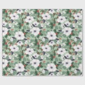 Papier Cadeau Fleurs de Noël blanches et motif de baies rouges (Plat)