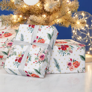 Papier Cadeau Fleurs de Noël et motif evergreens