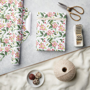 Papier Cadeau Fleurs de Noël rose vert Motif d'aquarelle