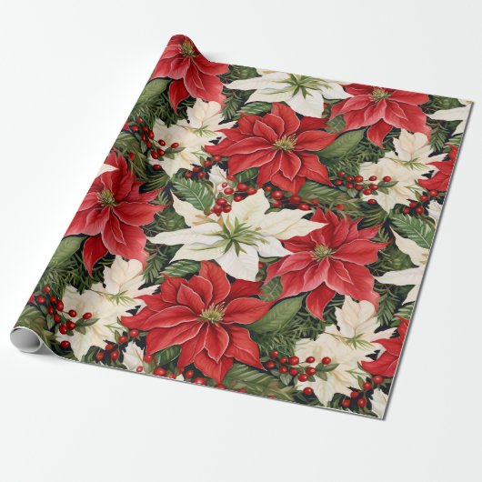 Papier Cadeau Fleurs de Noël Rouge Blanc (Déroulé)