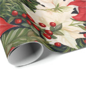 Papier Cadeau Fleurs de Noël Rouge Blanc (Coin rond)