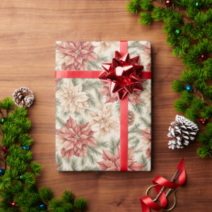 Papier Cadeau Fleurs de Noël Rouge Vert Chaud