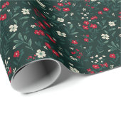 Papier Cadeau Fleurs de Noël vertes rouges et blanches (Coin rond)
