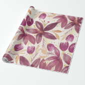 Papier Cadeau Fleurs de Passion, Aquarelle Bordeaux et Or (Déroulé)