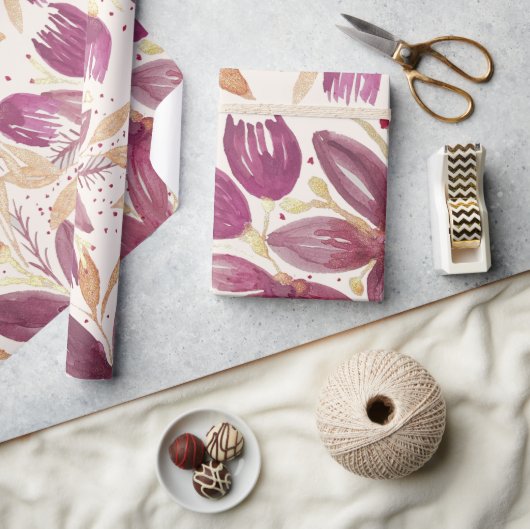 Papier Cadeau Fleurs de passion, Aquarelle Bourgogne et or (Artisanat)