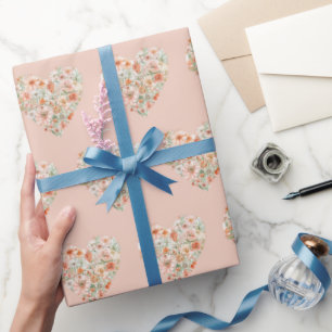 Papier Cadeau Fleurs de pêche orange rose pour anniversaire cœur