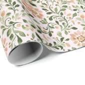 Papier Cadeau Fleurs de Pêche Rose Feuilles Vertes (Coin rond)