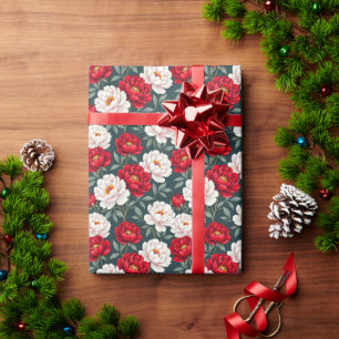 Papier Cadeau Fleurs de pivoine rouges et blanches