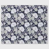 Papier Cadeau Fleurs de pivoines blanches sur bleu foncé. (Plat)