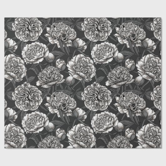Papier Cadeau Fleurs de pivoines blanches sur gris foncé (Plat)
