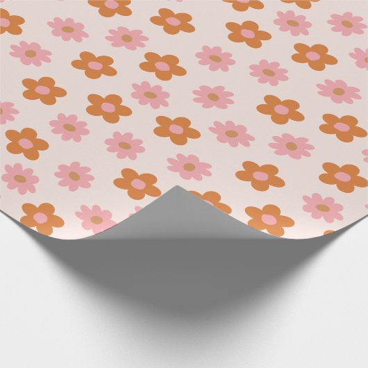 Papier Cadeau Fleurs de pop mod rétro rose et orange brûlé (Coin)