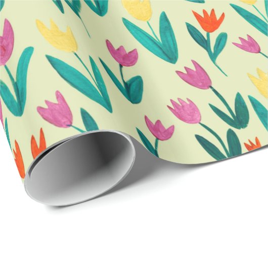 Papier Cadeau Fleurs de printemps jaune folk art motif floral (Coin rond)