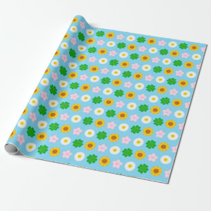 Papier Cadeau Fleurs de printemps Kawaii (Bleu)
