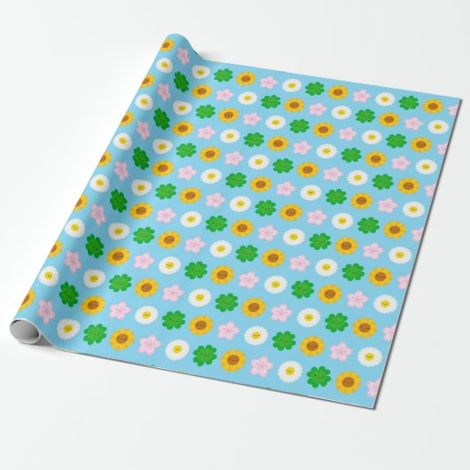 Papier Cadeau Fleurs de printemps Kawaii (Bleu) (Déroulé)