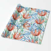 Papier Cadeau Fleurs de Protea et palmier feuille motif tropical (Déroulé)