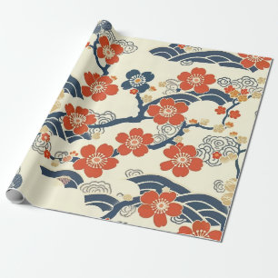 Papier Cadeau Fleurs de prunier japonais Ume sur fond crème avec